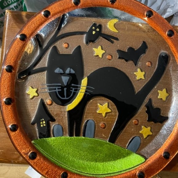 Glass Peggy Karr Halloween Platter with Black Cat and Bats - Picture 3 of 3